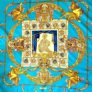 Vintage Hermes Paris Opera Garnier Baroque Silk Scarf, Turquoise Gold Lux 1483